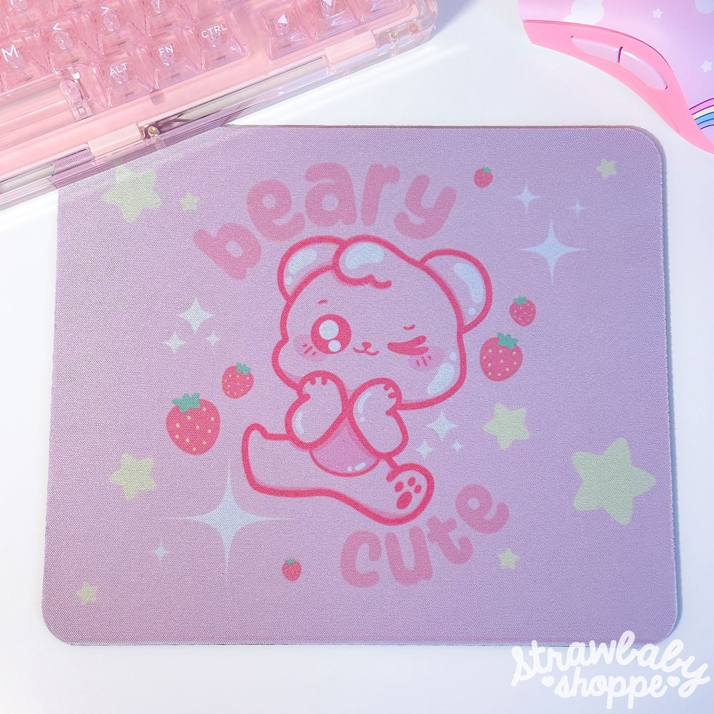 Kawaii Beary Cute Mushi Mousemat - Handmade Desk Accessories - Rectangle Mouse Pad - Pastel Pink