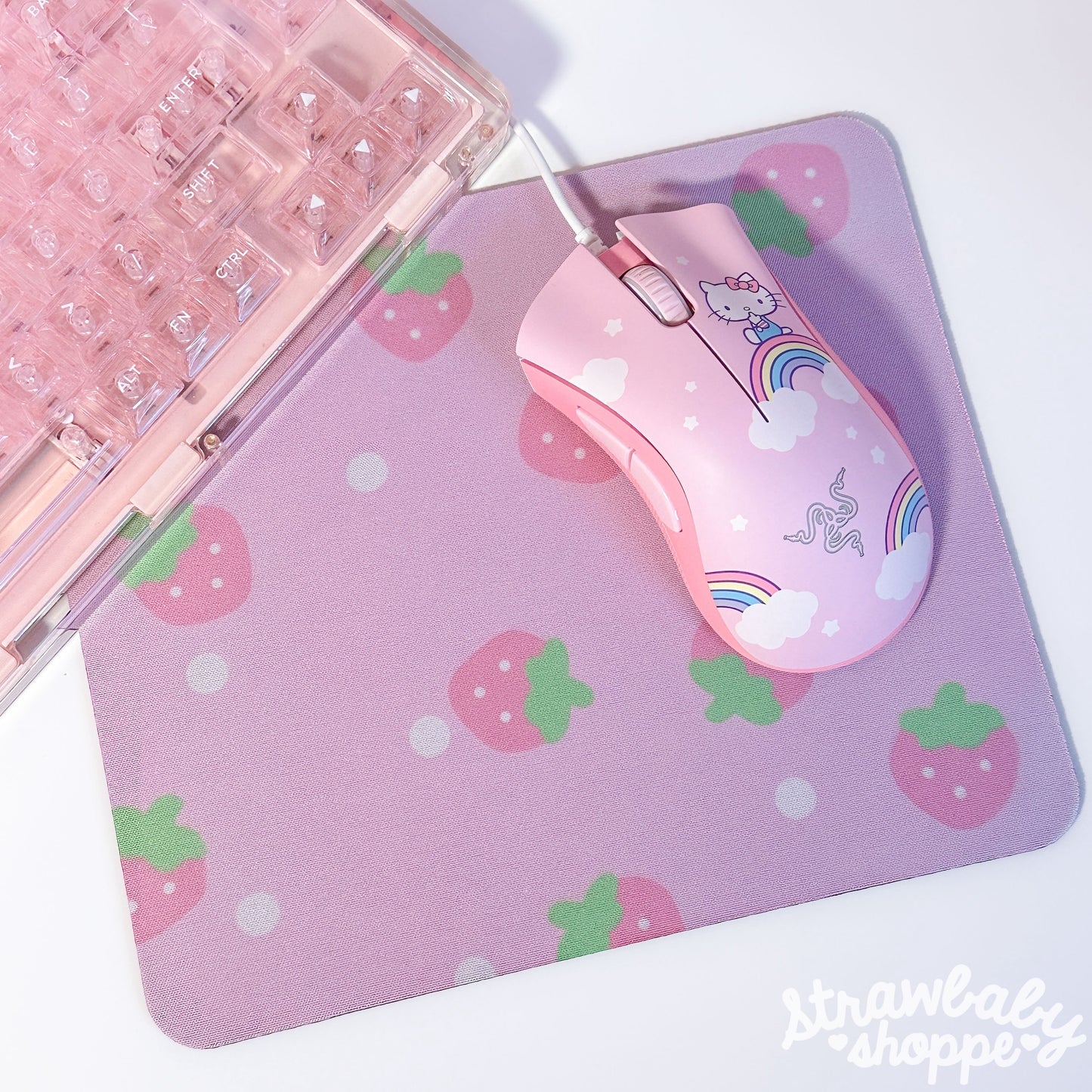 Kawaii Strawberry Pattern Mousemat - Handmade Desk Accessories - Rectangle Mouse Pad - Pink Strawberry