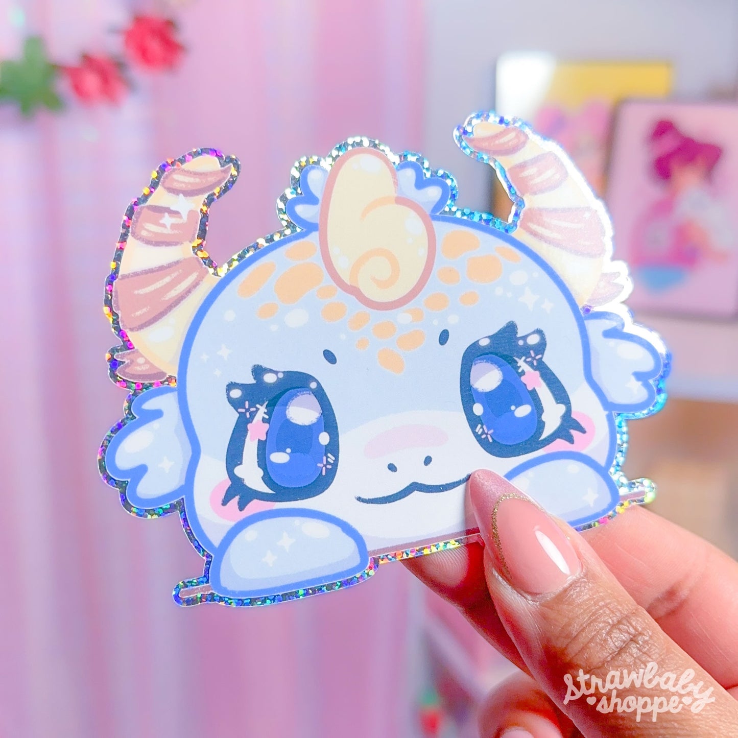 Cinnamon Roll Dragon - Handmade Holographic Peeker Sticker