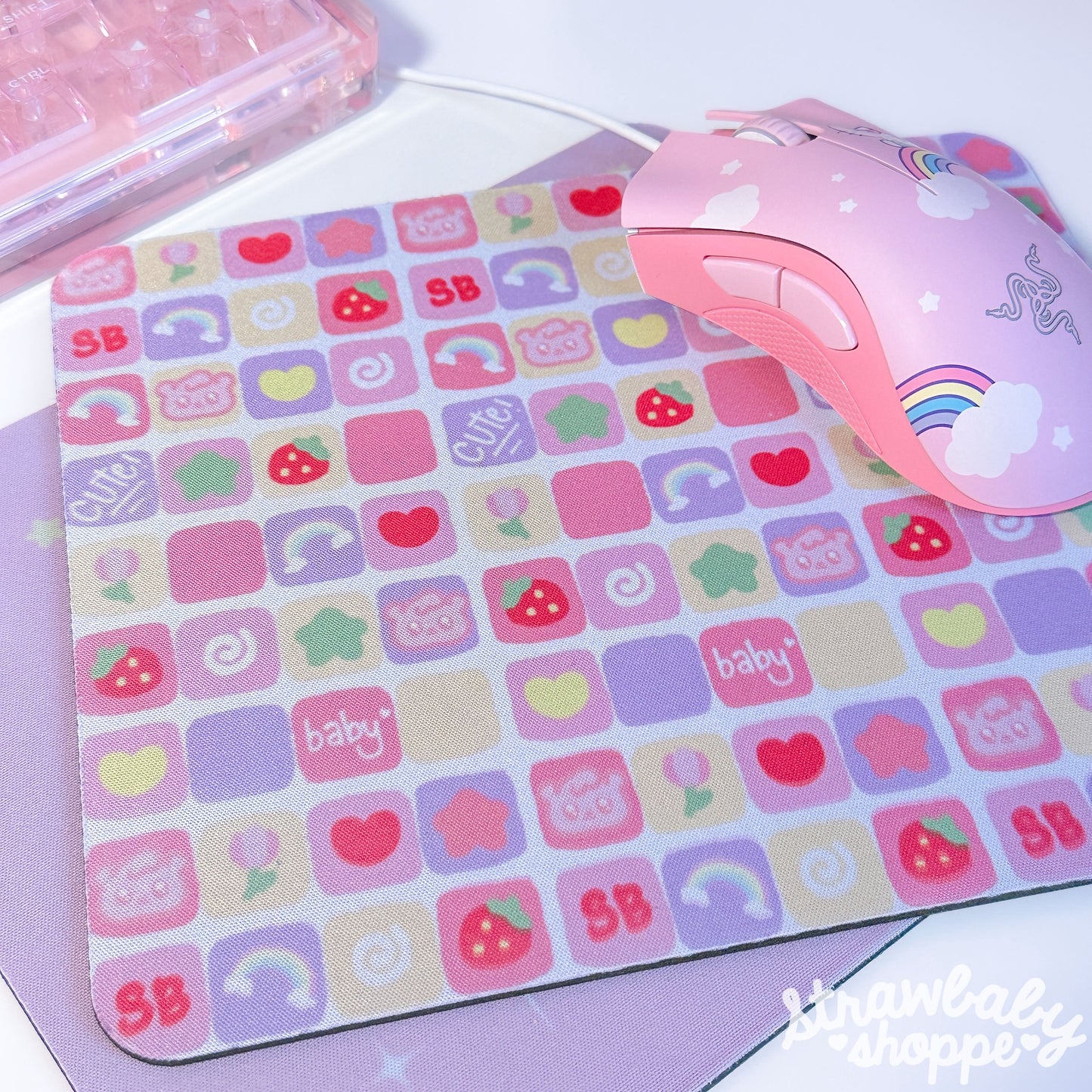 Kawaii Strawbaby Quilt Pattern Mousemat - Handmade Desk Accessories - Rectangle Mouse Pad - Pastel