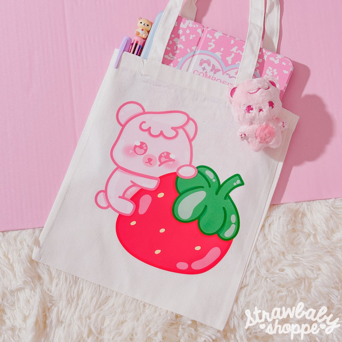 Strawberry Mushi Tote Bag - Kawaii Tote Bag - Mushi the Bear