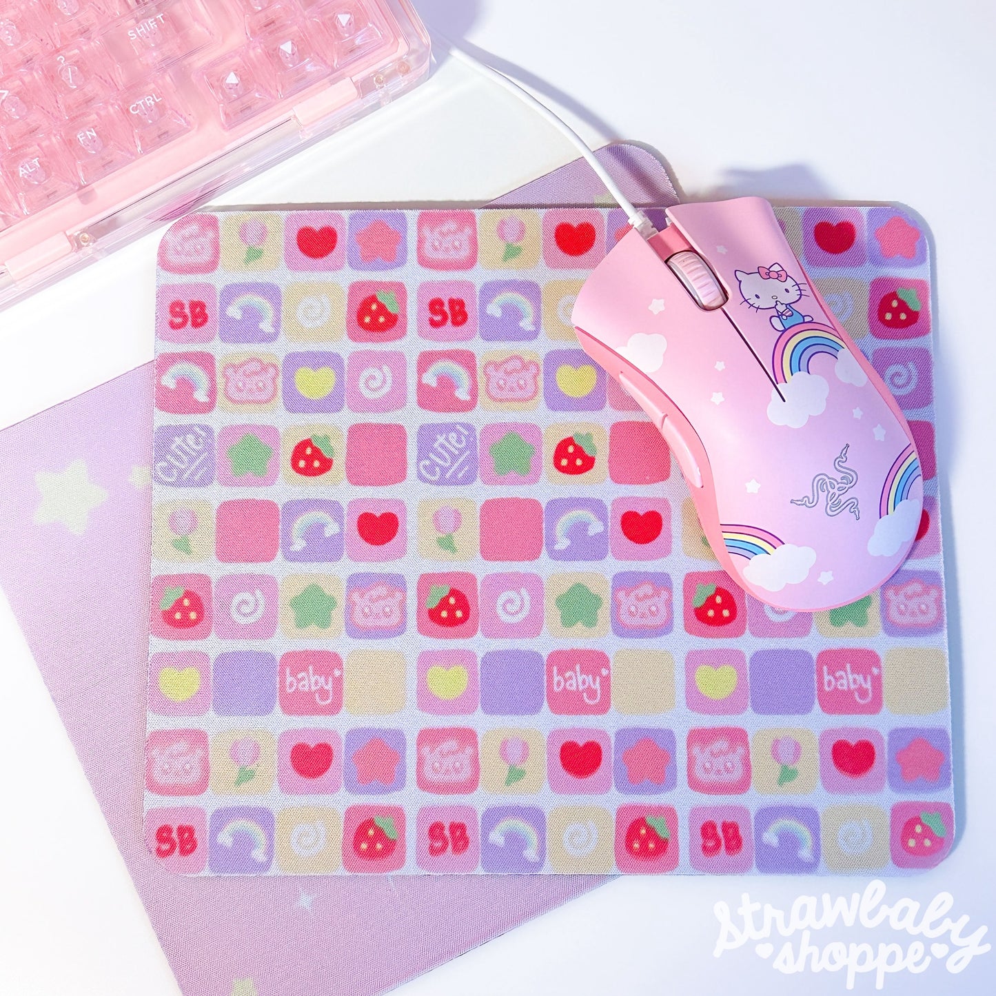 Kawaii Strawbaby Quilt Pattern Mousemat - Handmade Desk Accessories - Rectangle Mouse Pad - Pastel