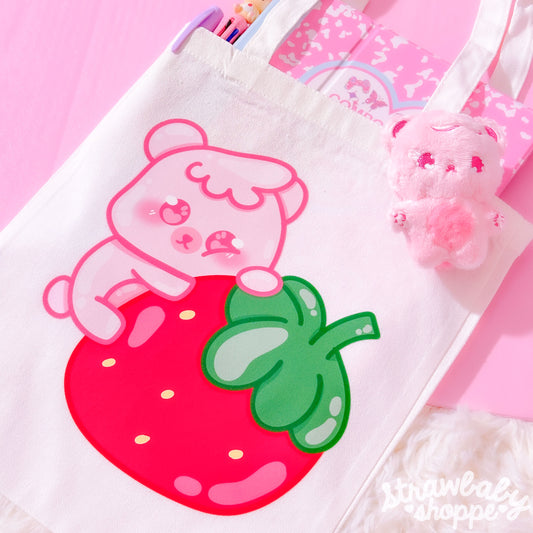 Strawberry Mushi Tote Bag - Kawaii Tote Bag - Mushi the Bear