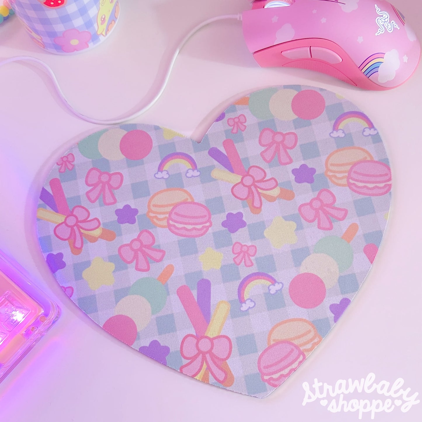 Bluu's Sweet Treats Pattern Mousemat - Handmade Desk Accessories - Heart Mouse Pad - Pastel Green Gingham