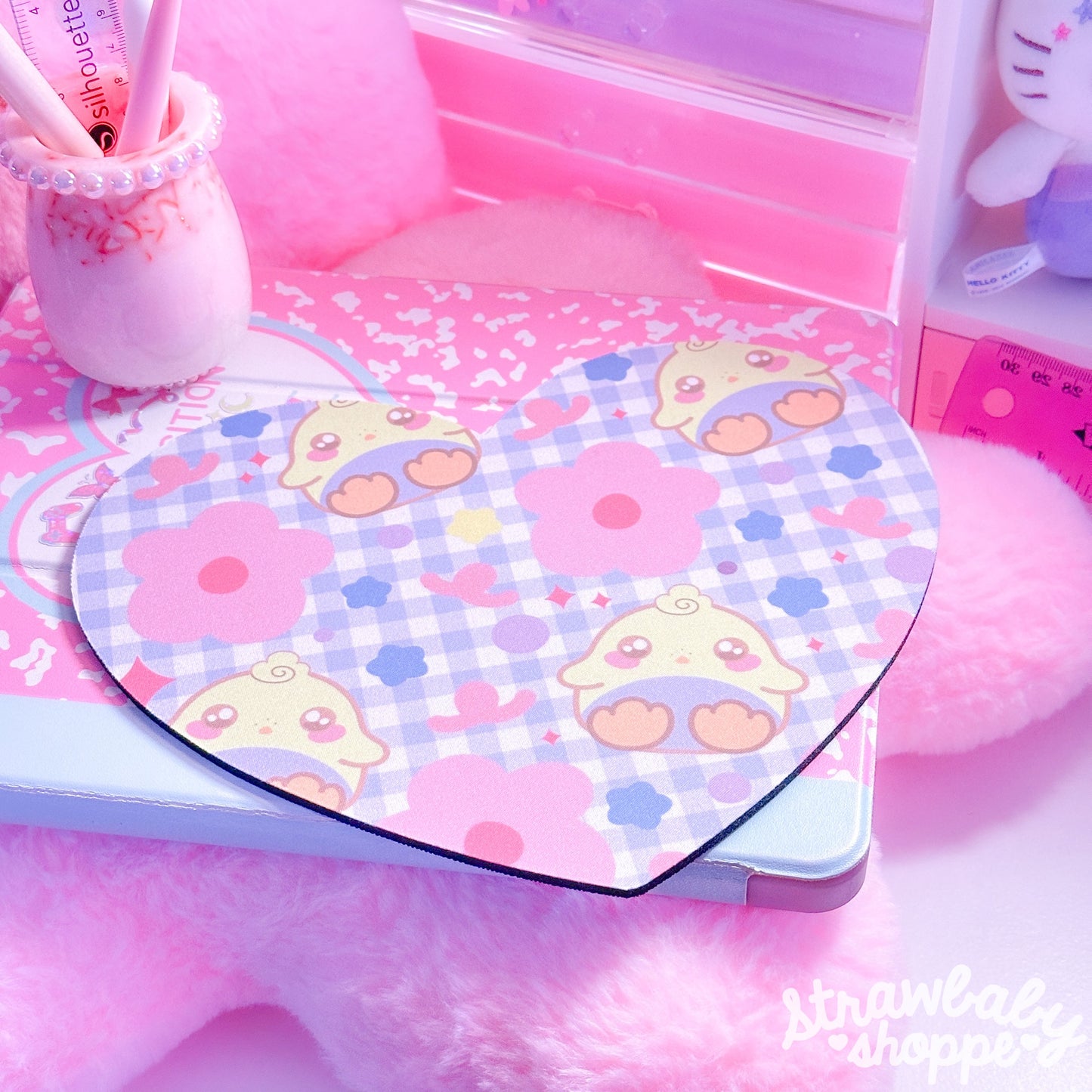 Baby Bluu Pattern Mousemat - Handmade Desk Accessories - Heart Mouse Pad - Blue Gingham