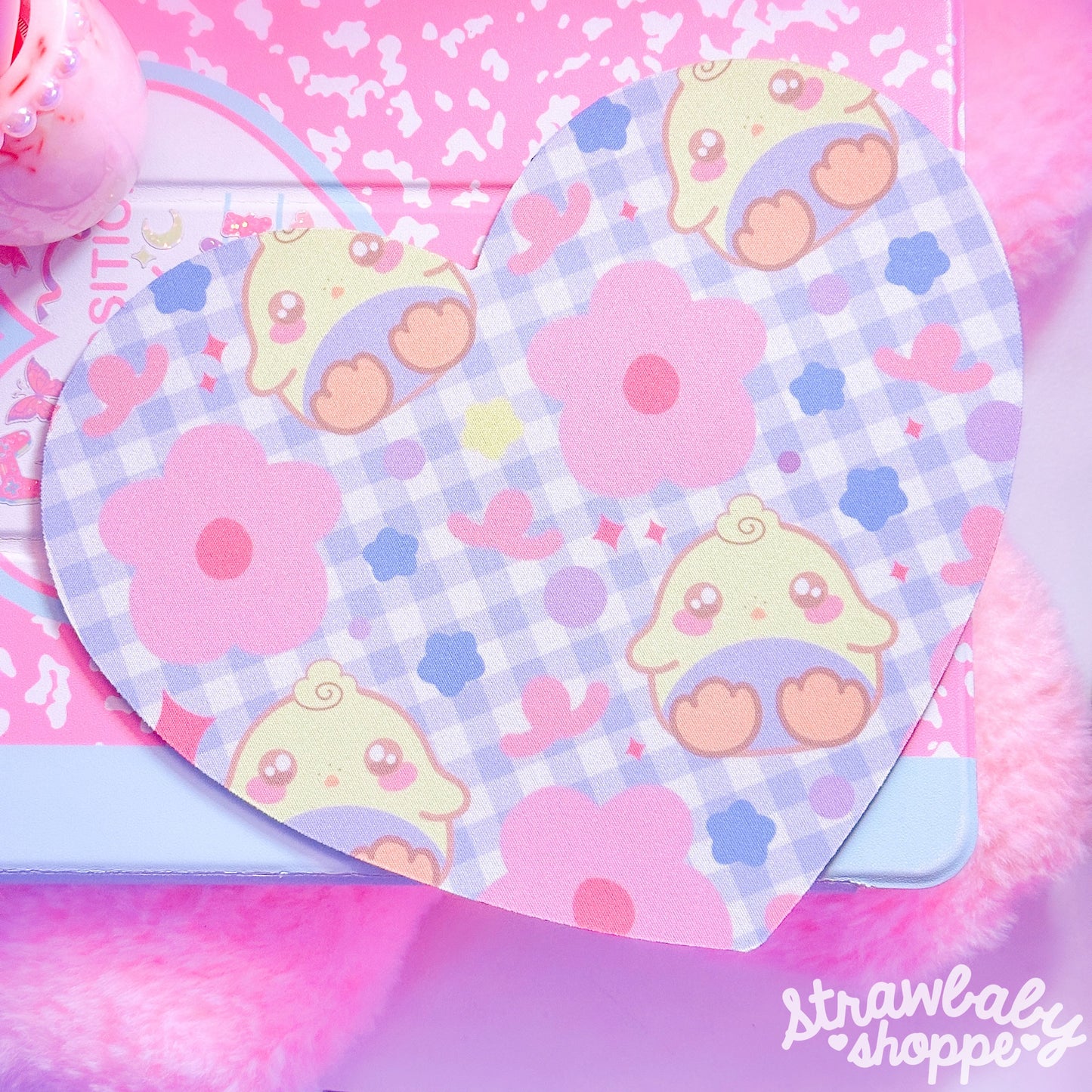 Baby Bluu Pattern Mousemat - Handmade Desk Accessories - Heart Mouse Pad - Blue Gingham